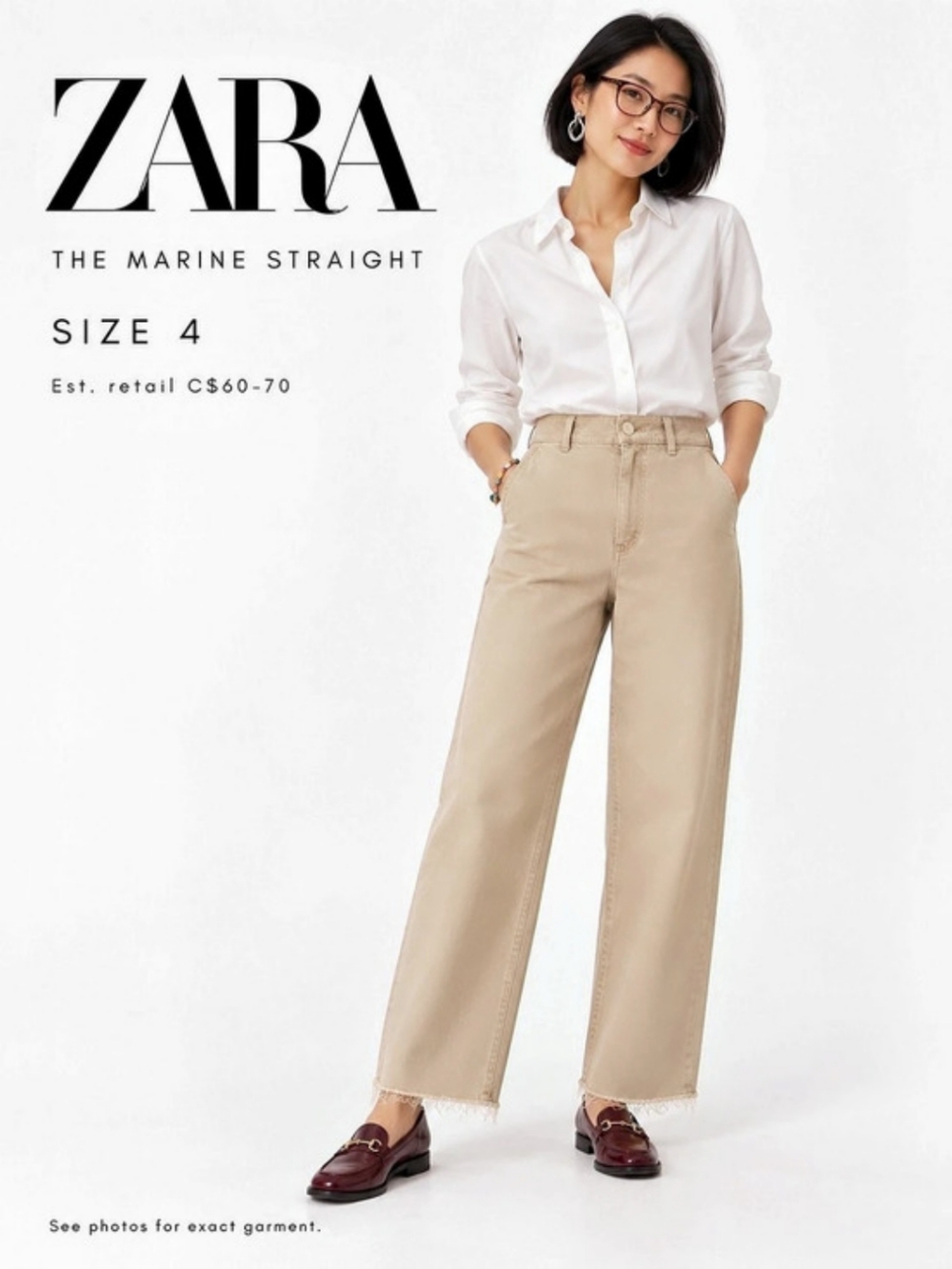 Zara Marine Straight Beige High Rise Wide Leg Raw Hem Jeans 4 Capsule Minimalist